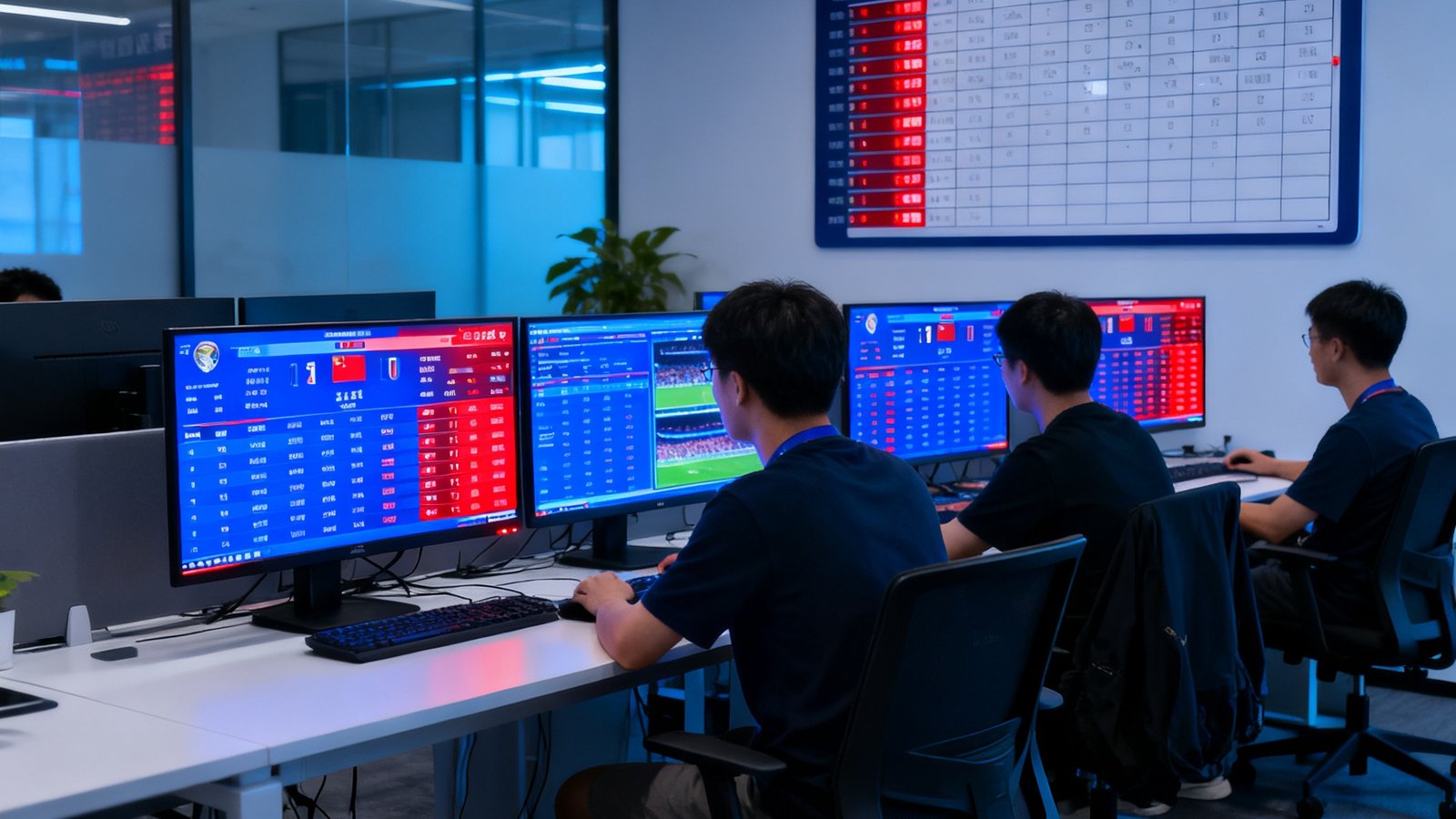 捷报比分深圳总部技术团队在开放式办公室中协作工作的场景，多台显示器上显示着实时比分数据和赛事监控面板，墙上挂有世界杯赛事时间表