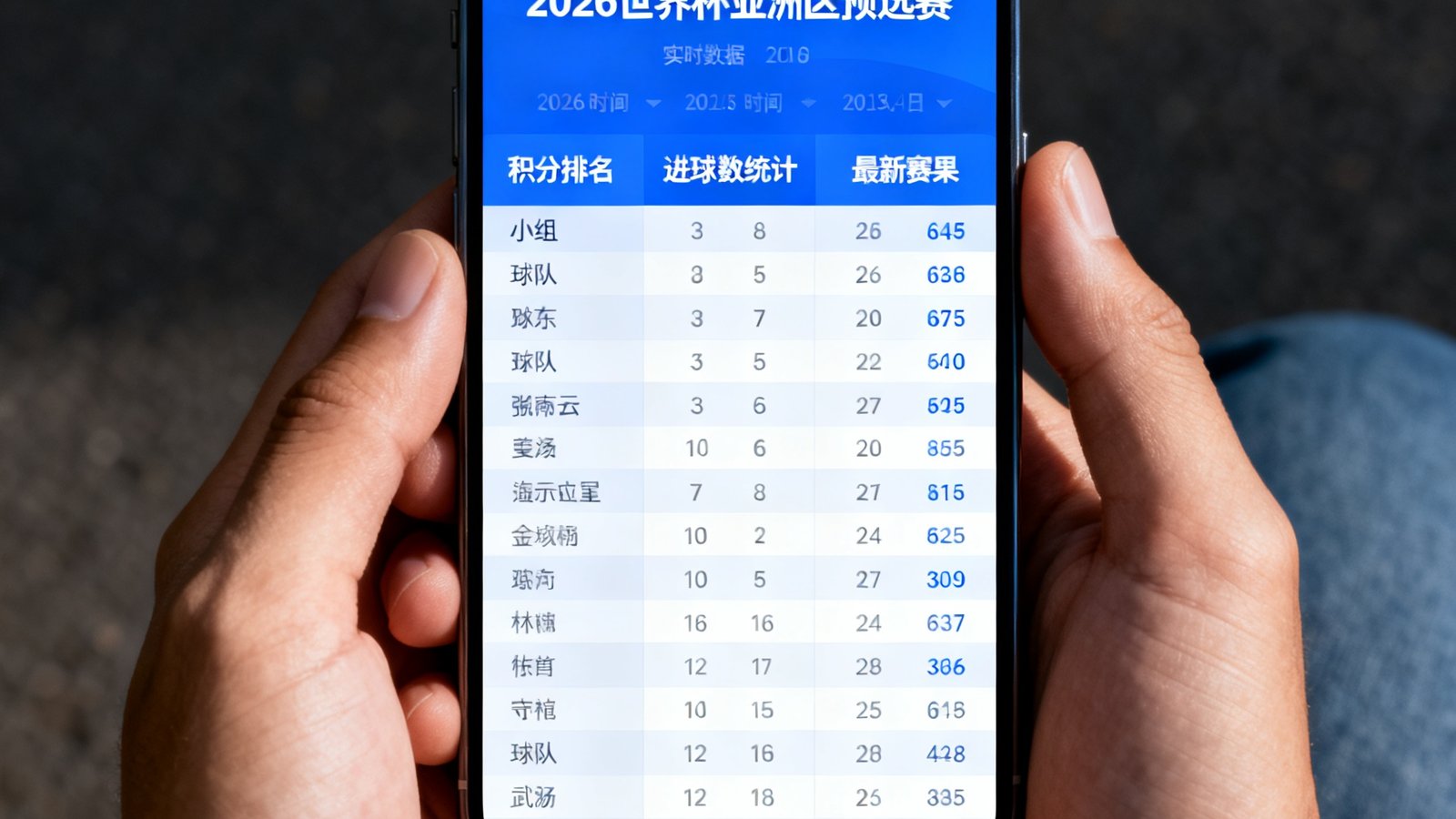 捷报比分手机版上2026世界杯亚洲区预选赛的实时数据界面，展示各小组积分排名、进球数统计和最新赛果