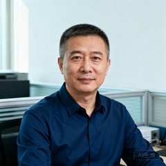 一位中年男性用户张海峰的头像，他留着短发，身穿深蓝色商务衬衫，坐在办公室工位前